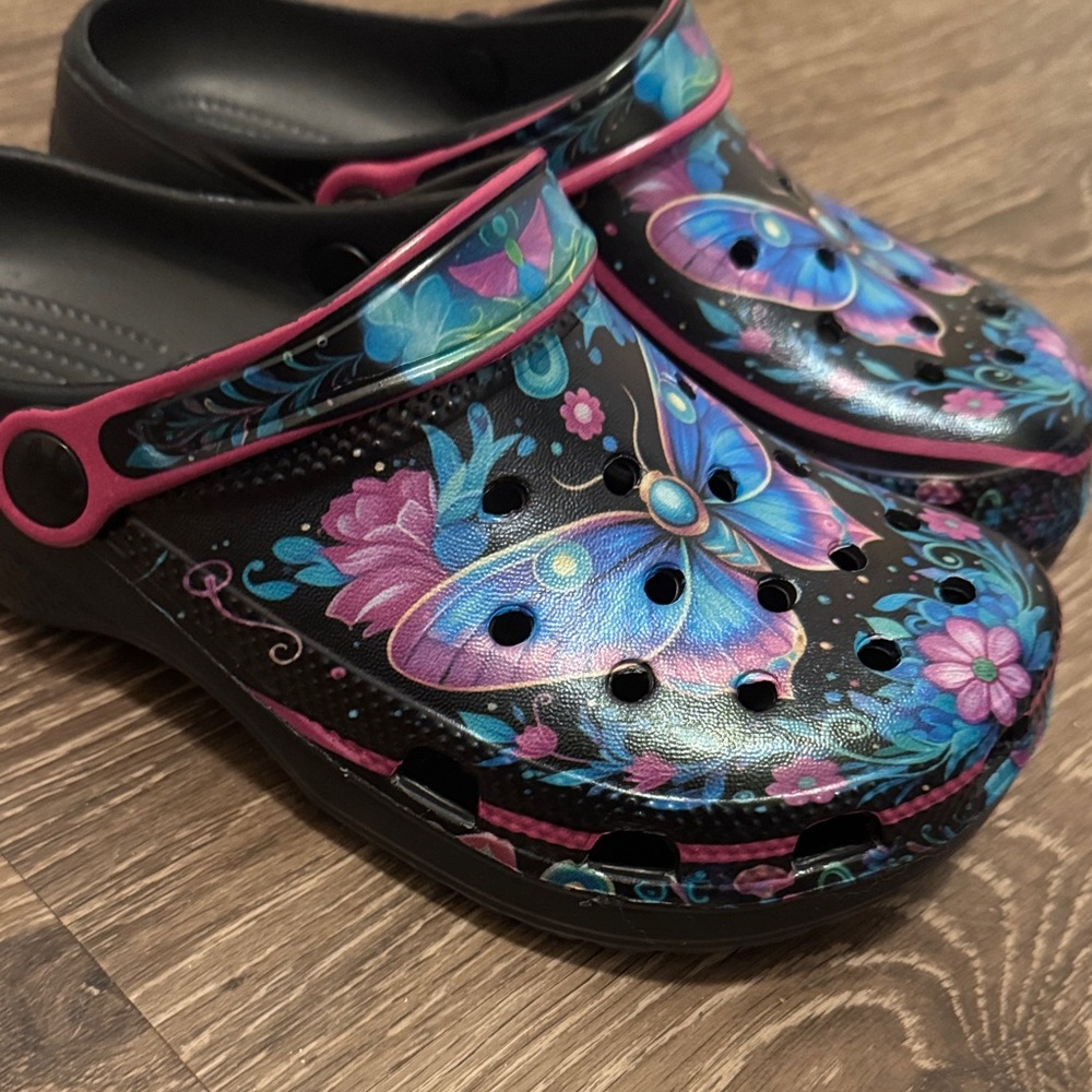 Black Butterfly Garden Clog Sandals with Blue & Pink Accents - Picture 2 of 2